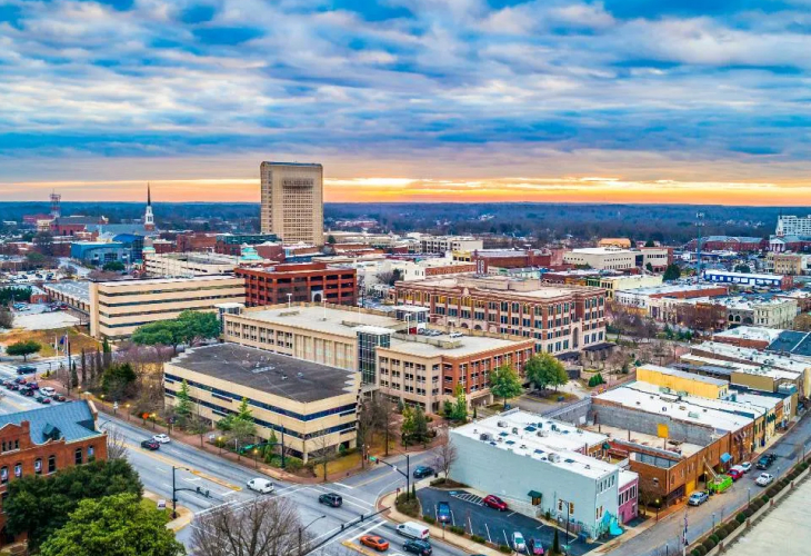 Sunset view of Spartanburg big buildings